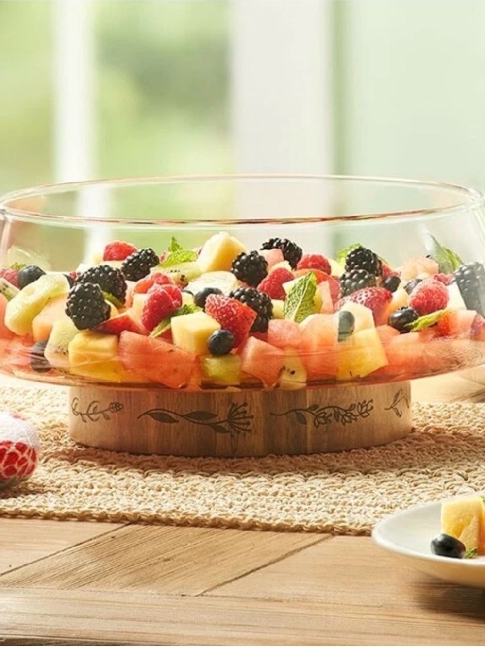 Princess House Clear Glass Pedestal Bowl with Natural Wood Base